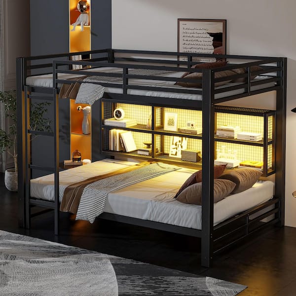 Black Queen over Queen Metal Bunk Bed with Storage Shelves, LED Lights