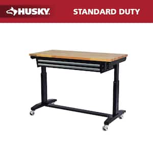 52 in. W x 24 in. D 2-Drawer Adjustable Height Blaxk Work Table with Solid Wood Top