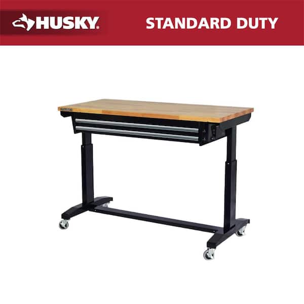 52 in. W x 24 in. D 2-Drawer Adjustable Height Blaxk Work Table with Solid Wood Top