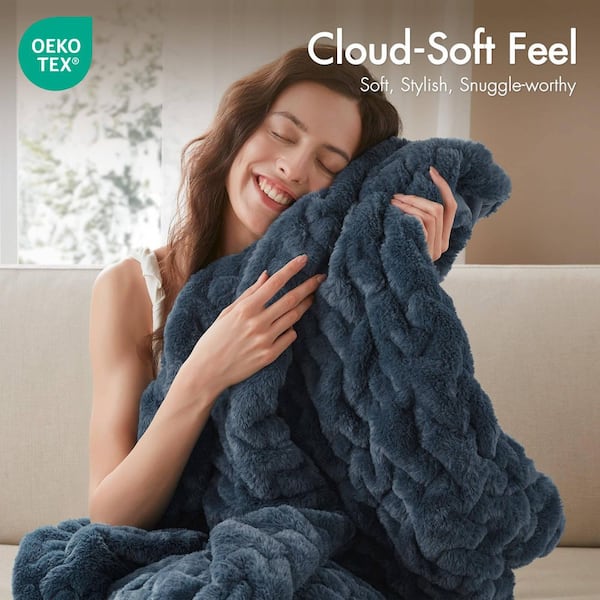 Madison Park Ruched Fur Slate Blue Polyester Throw Blanket MP50