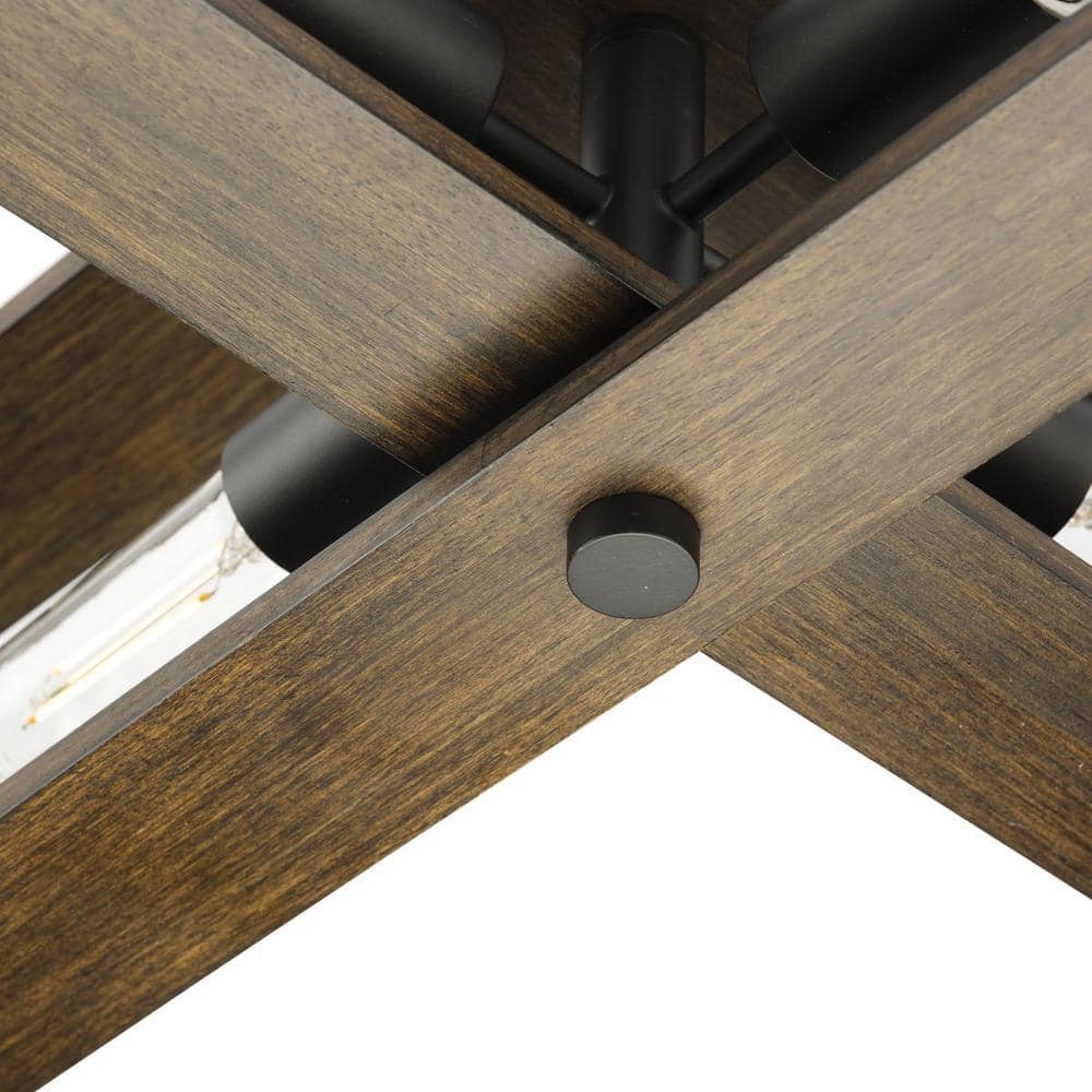 Matte Black and Wood 4-Light Flush Mount Ceiling Fixture