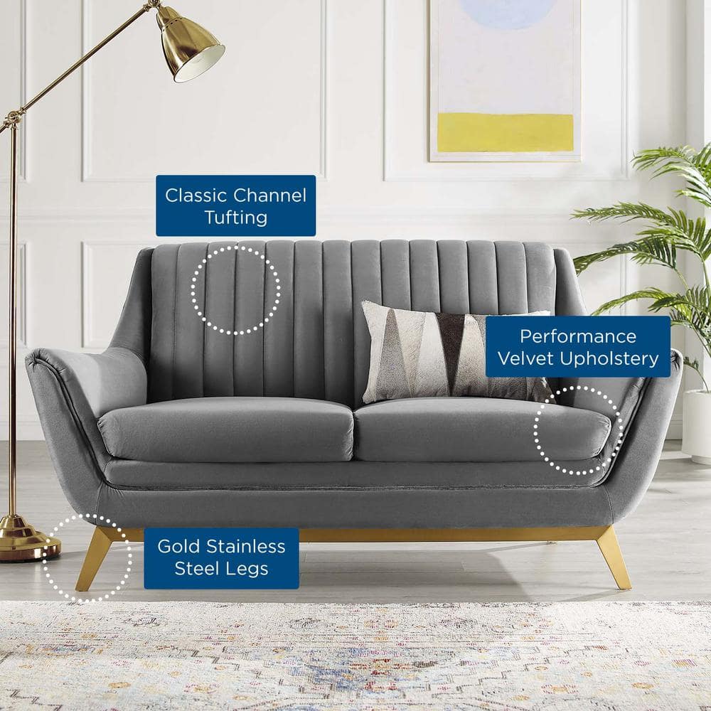 Gray Velvet Tufted Loveseat with Gold Stainless Steel Legs