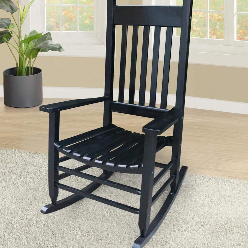 Black Wood Outdoor Rocking Chair for Porch or Balcony, Slatted Back ...
