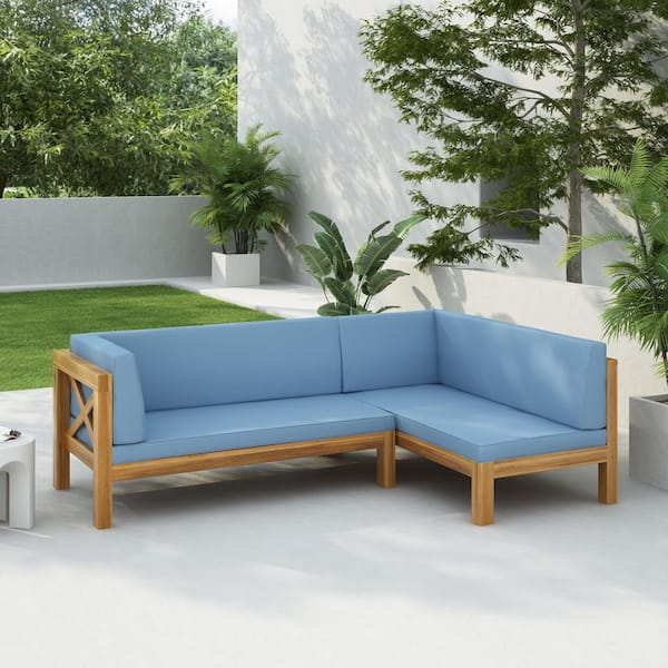 Alory Left Arm 2-Piece Solid Wood Outdoor Couch Patio Corner Sofa with Blue Cushions, Teak Finish