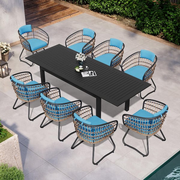 Pellebant 9-Piece Aluminum Wicker Outdoor Dining Set with Blue Cushion, Extendable Table and Steel Chairs Included