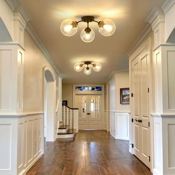 20.47 in. 3-Light Black Modern Semi-Flush Mount with Seeded Glass Shade