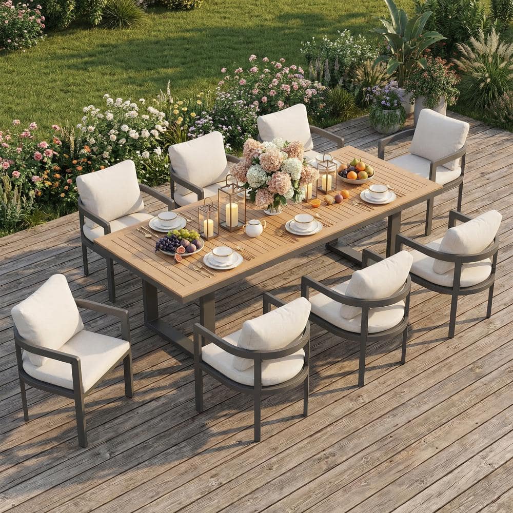 9-Piece Outdoor Patio Dining Set, with Aluminum Table & Black Chairs, White Cushions price history on PriceWatchPro