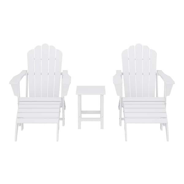 Aderson White 5-Piece Outdoor Plastic Adirondack Chairs w/ Cupholders, Side Table, Ottoman Patio Conversation Set