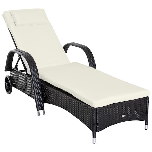 Sudzendf Wicker Black Outdoor Chaise Lounge with Wheel, Headrest and White Cushion, 5 Level Adjustable