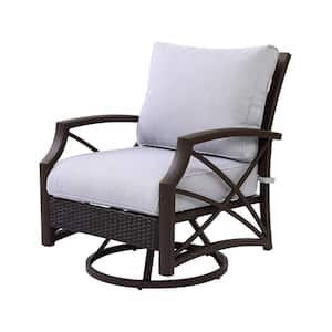 Rattan Wicker Outdoor Swivel Patio Lounge Chair with a Brown Aluminum Frame and Grey Cushions
