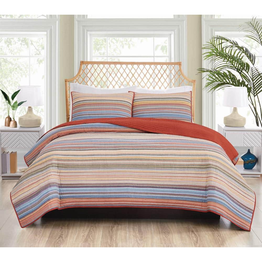 King Blue Cotton Reversible Quilt Set with Shams