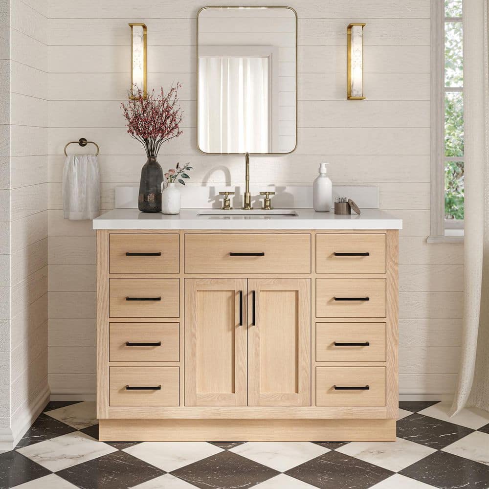 Hepburn 48 in. Single Sink Freestanding Bathroom Vanity in Oak with Pure White Quartz Top price history on PriceWatchPro