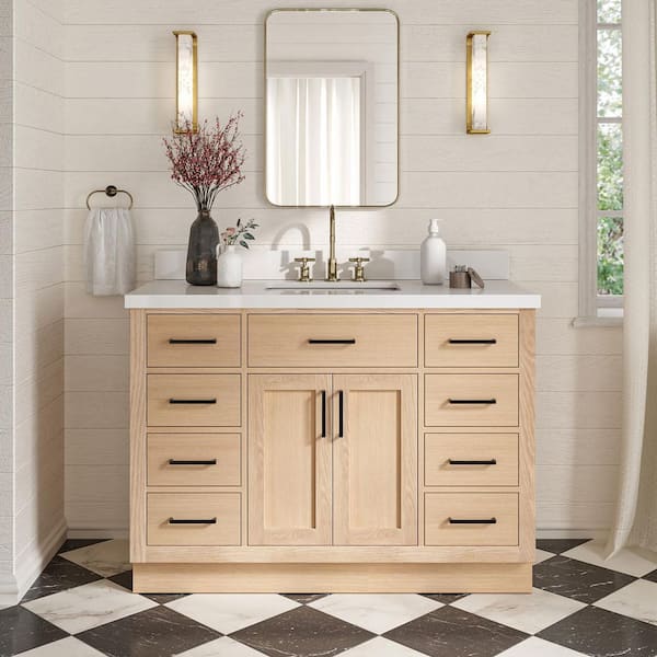 Hepburn 48 in. Single Sink Freestanding Bathroom Vanity in Oak with Pure White Quartz Top