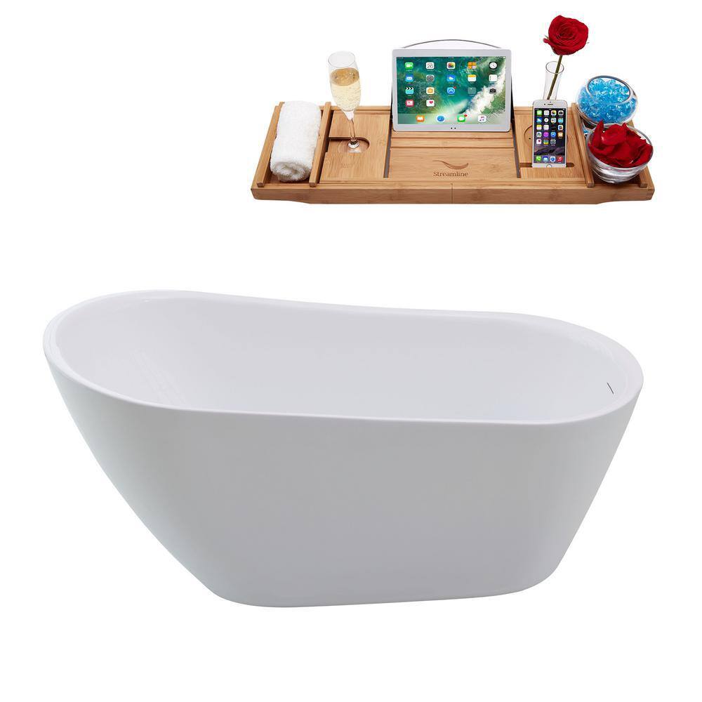 59'' Glossy White Freestanding Acrylic Bathtub with Gold Trim
