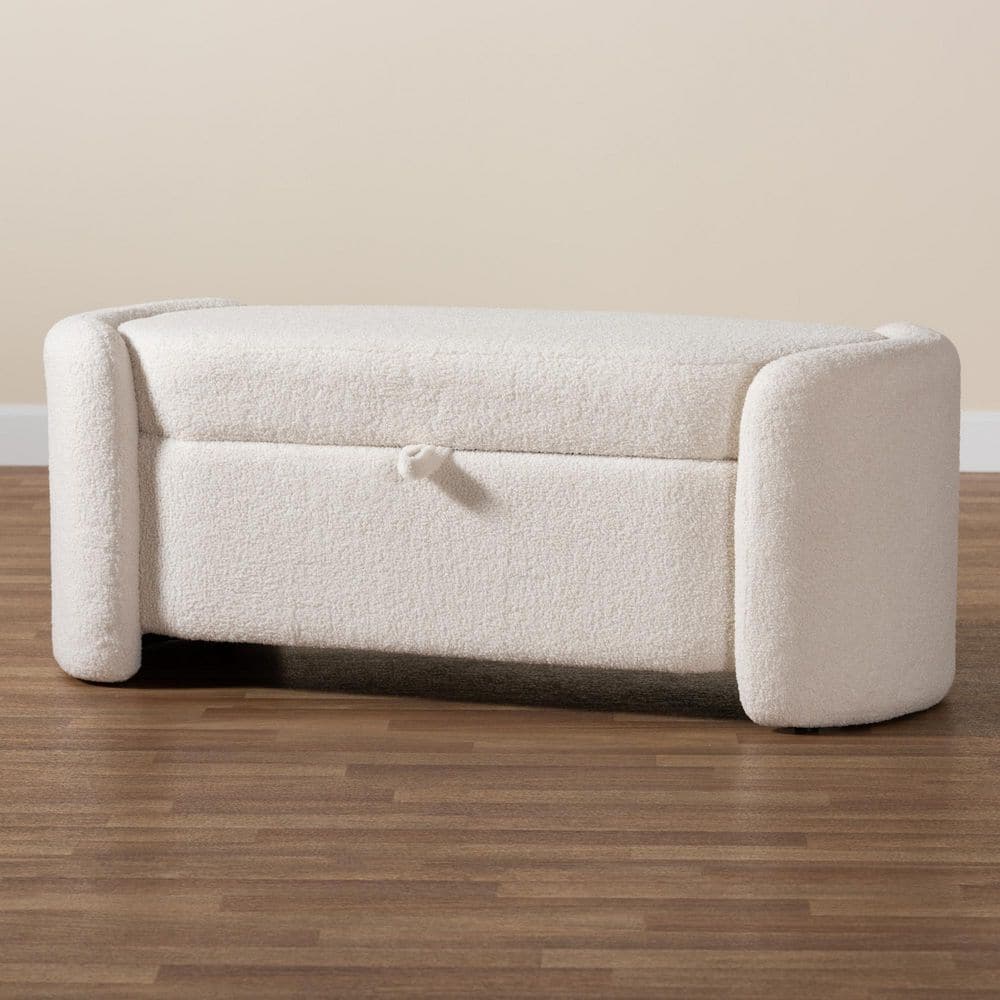 Ivory Boucle Upholstered Ellipse Storage Bench with Oak Frame