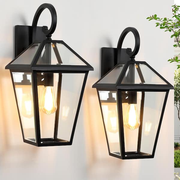 Modern 21 in. 1-Light Weathered Matte Black Hardwired Outdoor Wall Light Lantern Porch Sconce with Clear Glass (2-Pack)