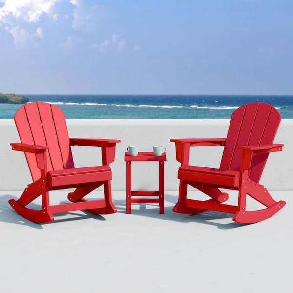 Laguna 3-Piece Fade Resistant Outdoor Patio HDPE Poly Plastic Adirondack Rocking Chairs and Side Table Set, Red