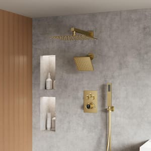 Thermostatic Valve 7-Spray Patterns Shower Faucet Set 12 in. Wall Mount Dual Shower Heads with 6-Jets in Brushed Gold