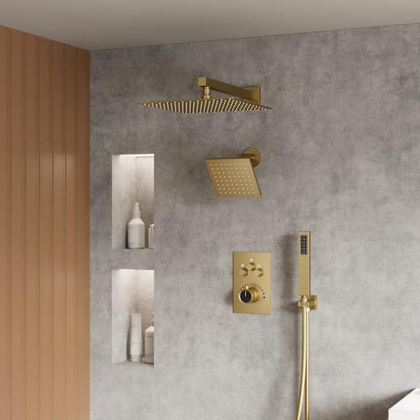 Thermostatic 7-Spray Wall Mount 12 in. and 6 in. Dual Shower Head and Handheld Shower Head 2.5 GPM in Brushed Gold