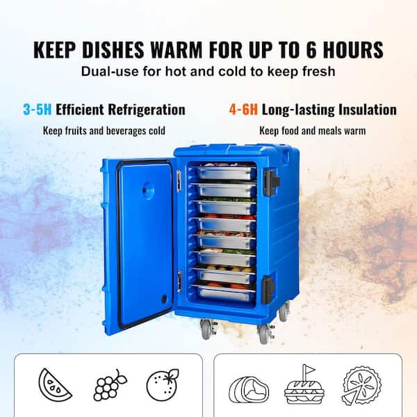 127 qt. Insulated Food Pan Carrier, Double Buckles Hot Box with Handles and Wheels, Front Loading Buffet Server, Blue