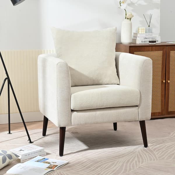 Harper & Bright Designs Modern Beige Arm Chair Chenille Accent Chair with Solid Wood Legs and Pillow