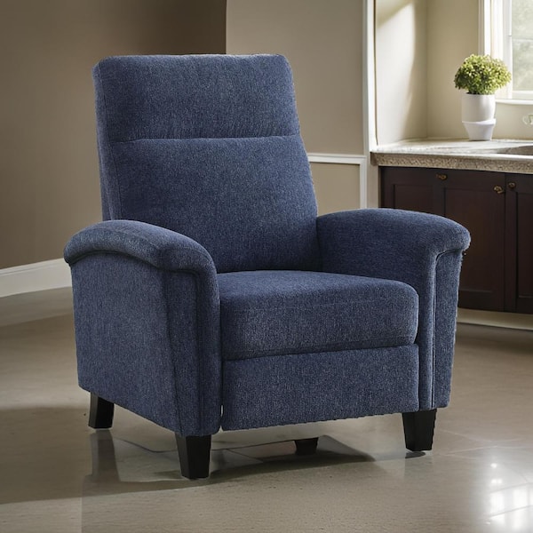 Benjara Blue Chenille Push Back Manual Recliner with Solid Wood