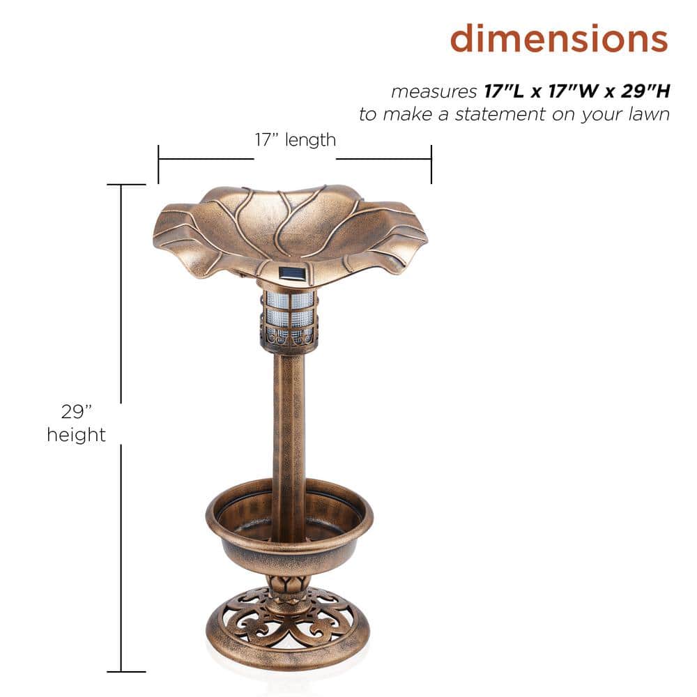 Bronze Outdoor Pedestal Birdbath with Planter and Solar LED