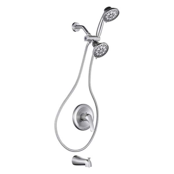 Double Shower Head Single Handle 7-Spray Tub and Shower Faucet Set 1.8 GPM with Brass Valve Included in Brushed Nickel