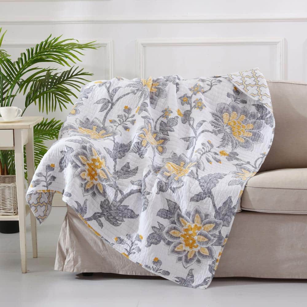 LEVTEX HOME Reverie White, Grey, Yellow Floral Quilted Cotton Throw ...