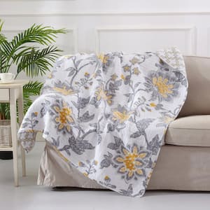 Reverie White, Grey, Yellow Floral Quilted Cotton Throw Blanket