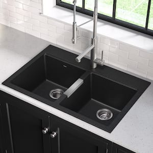 Quarza Black Granite Composite 33 " 50/50 Double Bowl Drop-In/Undermount Kitchen Sink with WasteGuard Garbage Disposal