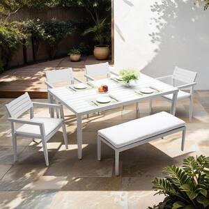 6-Piece Aluminum Outdoor Dining Furniture Set with White Cushions and Rectangle Table with Umbrella Hole