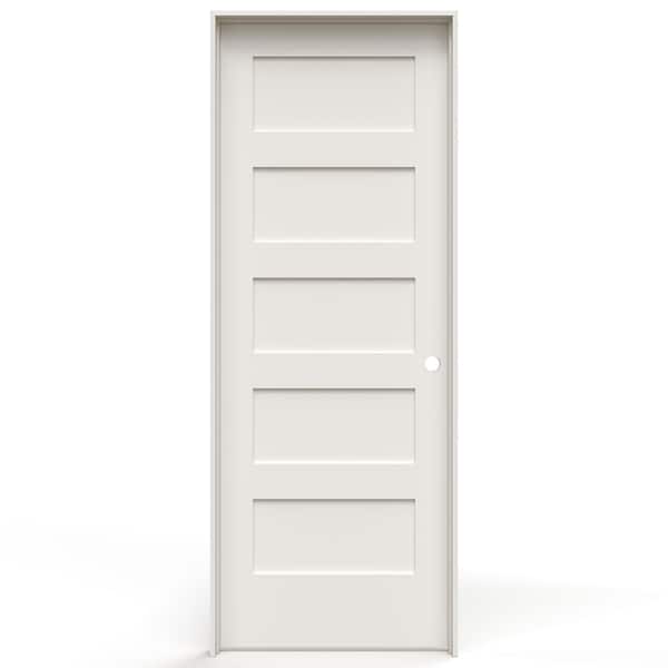 JELD-WEN 30 in. x 80 in. 5-Panel Shaker Left-Hand Primed White Solid Core Wood Single Prehung Interior Door w/ Bore Hole
