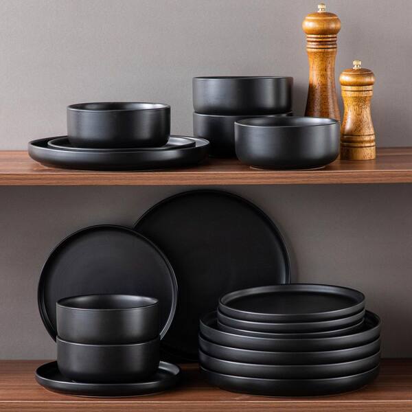 MALACASA 18-Piece Black Stoneware Dinnerware Set Service for