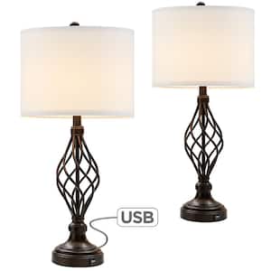 28 in. Bronze USB Table Lamp with White Linen Shade, 9.5-Watt LED Bulbs Included (Set of 2)