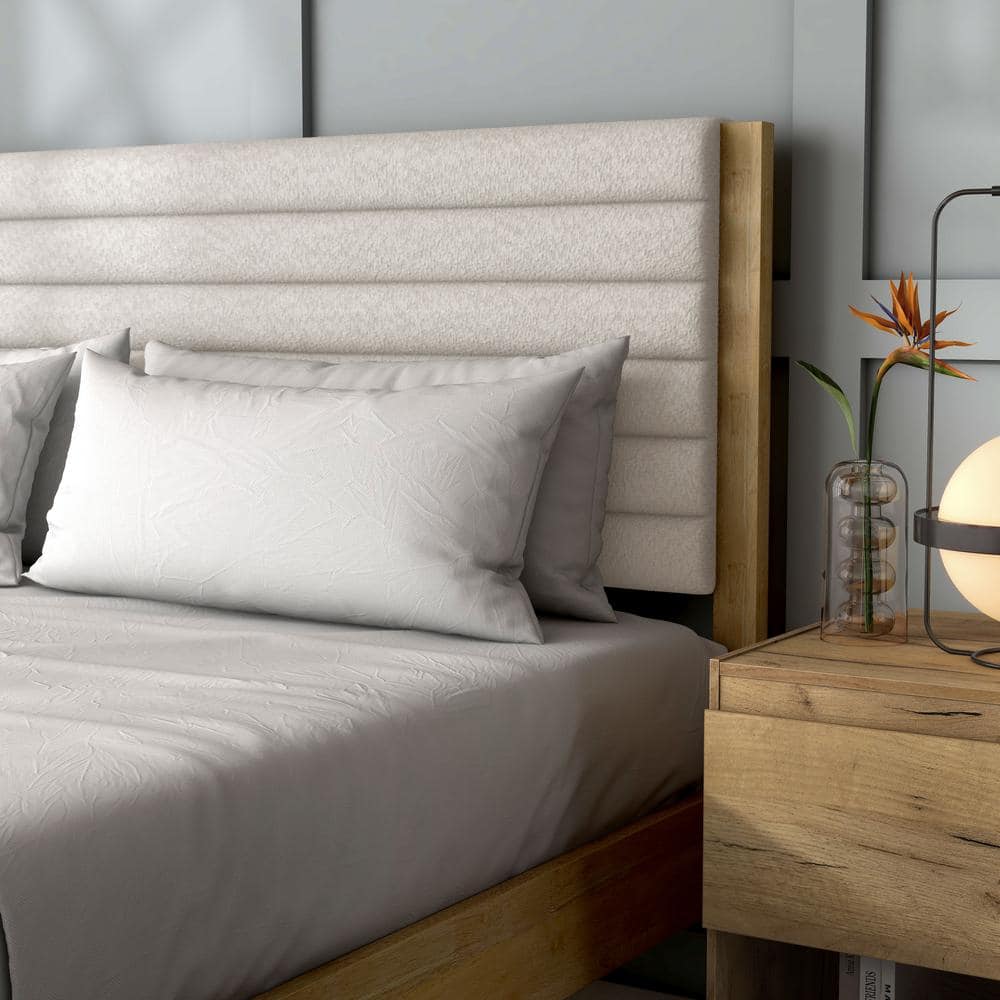 Natural Queen Platform Bed with Boucle Upholstered Headboard