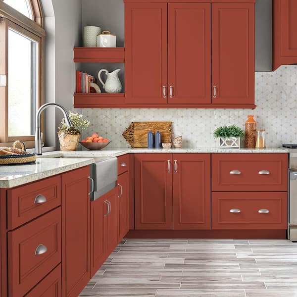 Bright Red kitchen with light gray trim - Colorfully BEHR