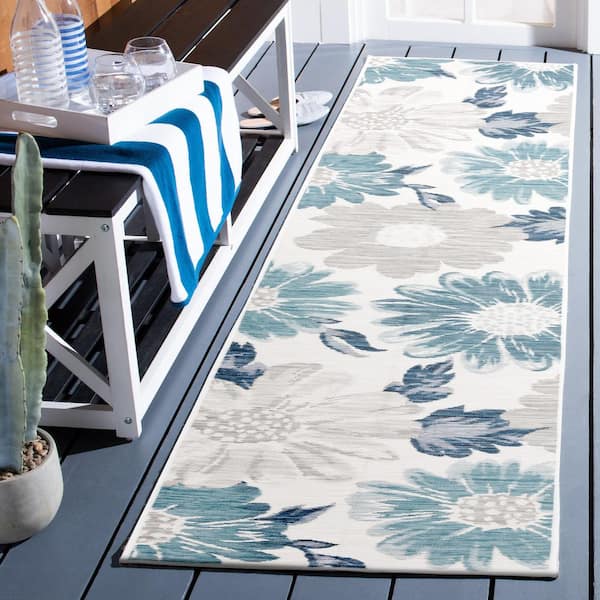 Sunrise Ivory/Blue Gray 2 ft. x 8 ft. Oversized Floral Reversible Indoor/Outdoor Runner Rug