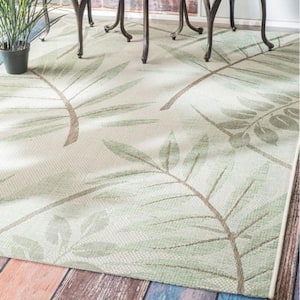Trudy Art Deco Leaves Turquoise 8 ft. x 11 ft. Indoor/Outdoor Patio Area Rug