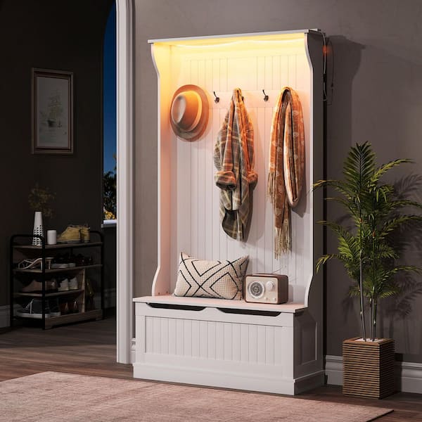 3-In-1 Hall Tree with LED Lights and Shoe Storage, Standing Coat Rack with Shoe Bench, Entryway Organizer, White