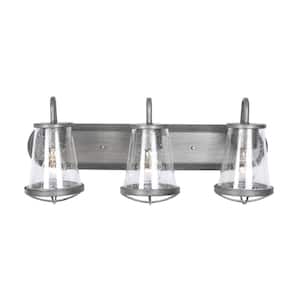24 in. Darby 3-Light Weathered Iron Industrial Bathroom Vanity Light with Clear Glass Shades