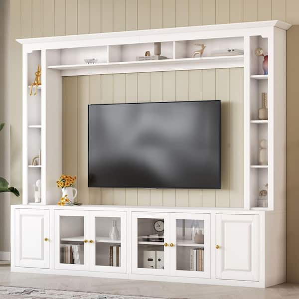 Tyrone Modern Large Wall Unit Entertainment Center White TV Stand Fits TVs up to 80 in. with Glass Doors, Bookshelves