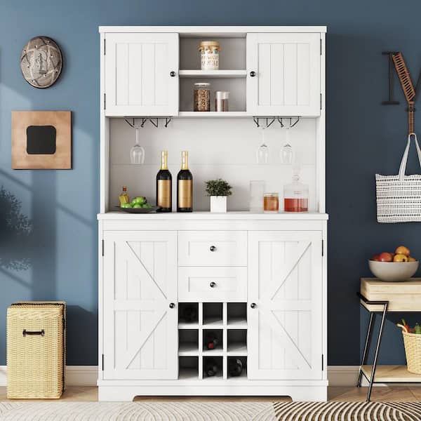 47 in. W x 16 in. D x 74 in. H White Linen Cabinet, Coffee Bar Cabinet Kitchen Cabinet with Storage, Wine Cabinet