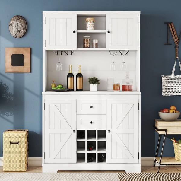 VOWNER Corner Wine Cabinet With Rotating Glass Rack - Farmhouse Bar Storage, Cup Holders, For Dining Room, Kitchen (White)