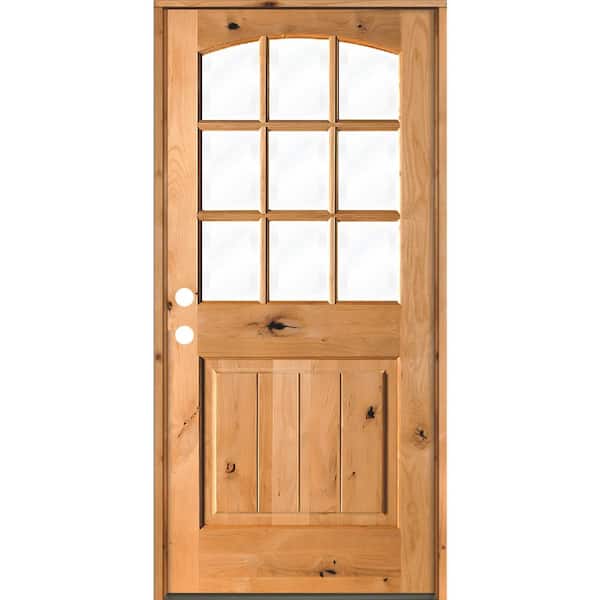 32 in. x 80 in. Knotty Alder Right-Hand/Inswing 9-Lite Arch Top V-Panel Clear Glass Clear Stain Wood Prehung Front Door