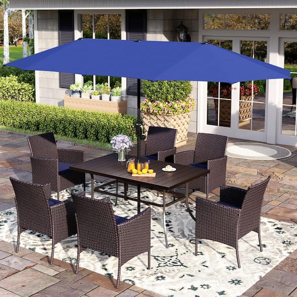 PHI VILLA Black 8-Piece Metal Patio Outdoor Dining Set with Rectangle Table, Blue Umbrella and Rattan Chairs with Blue Cushion