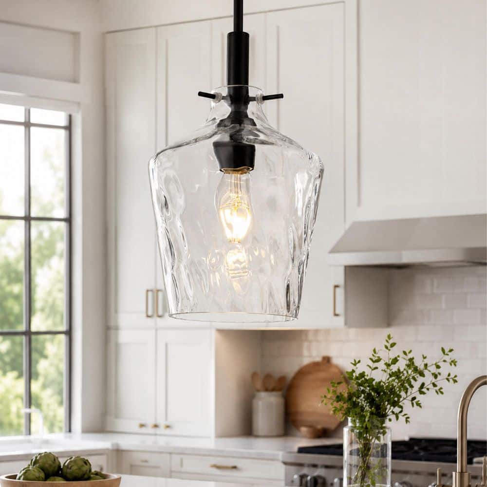 RayHome 7.88in 1-Light Modern Black Adjustable Height Pendant Light with Hammered Grandient Blue Glass for KitchenIsland price history on PriceWatchPro