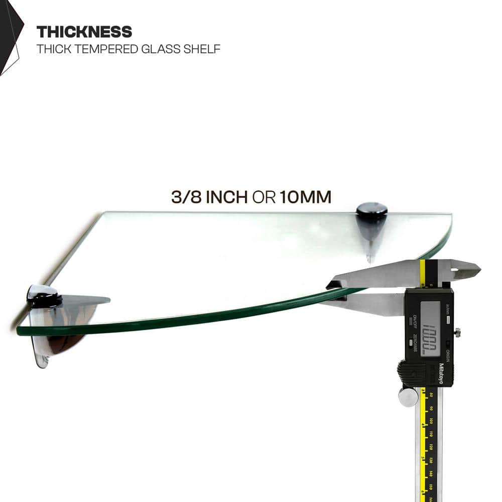 12" Clear Tempered Glass Floating Corner Shelf with Chrome Brackets
