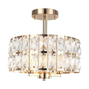 12.59 in. 3-Light French Gold Modern Drum Semi-Flush Mount Light With Clear Crystal Glass Shade and No Bulbs Included