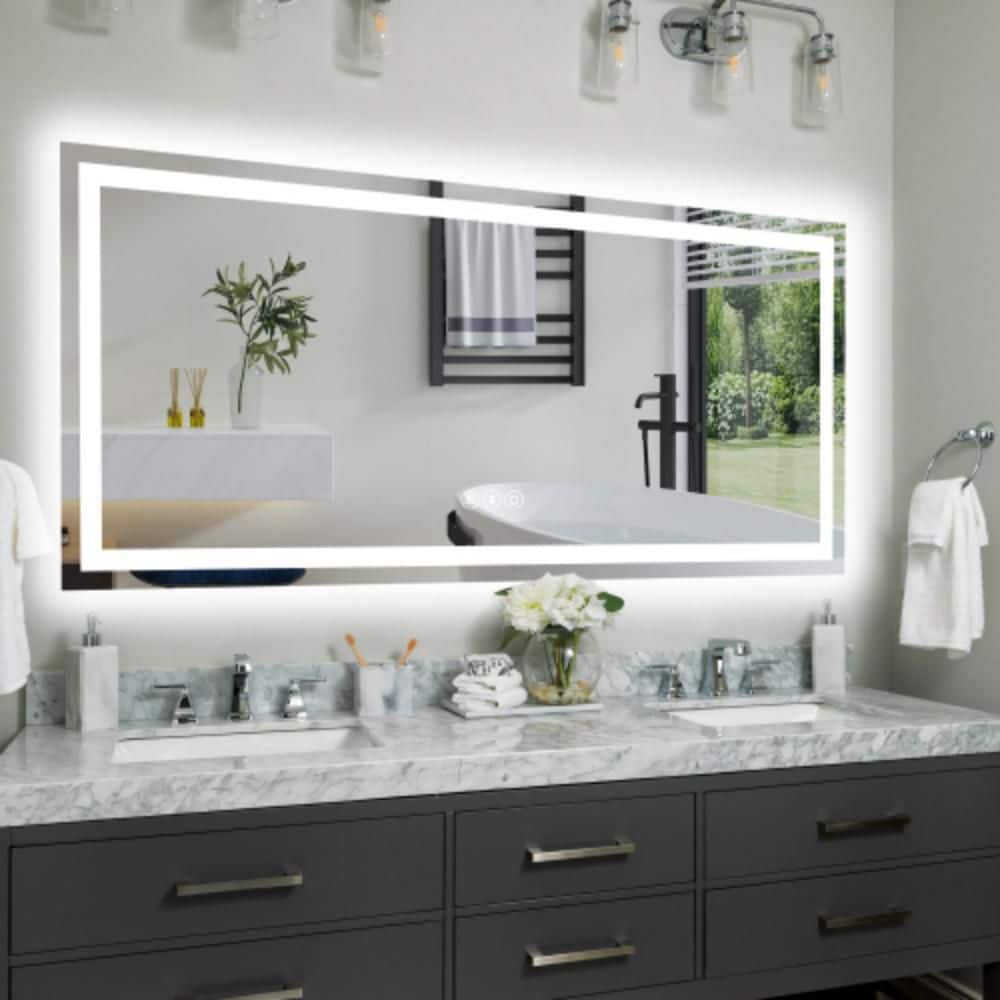 60 in. W x 28 in. H Rectangular LED Frameless Wall Bathroom Vanity Mirror with Anti-Fog, Front/Backlight Tempered Glass price history on PriceWatchPro